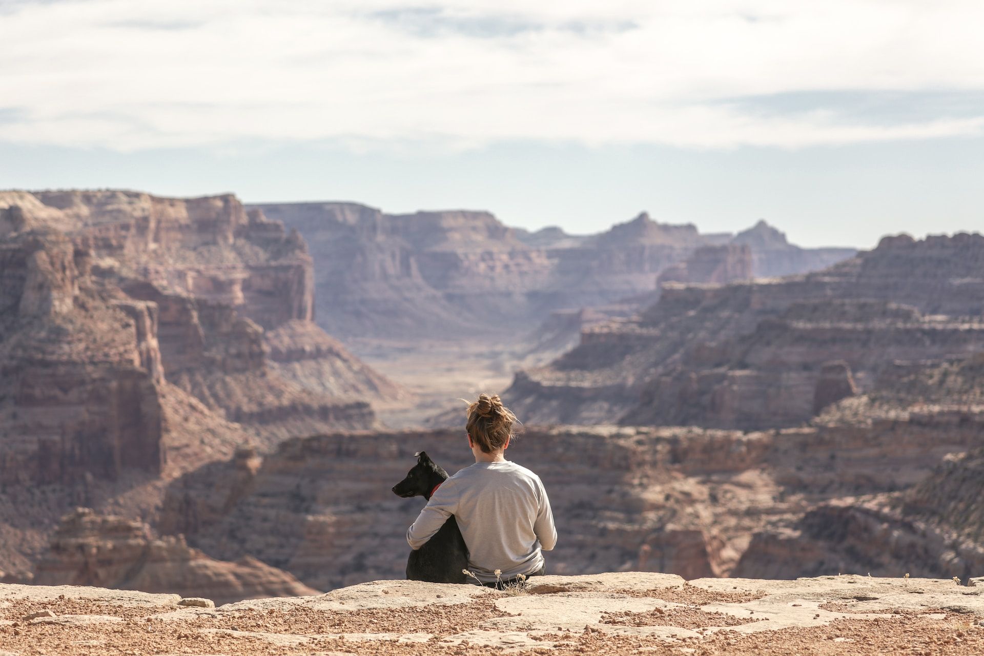 A woman with a dog in the wild