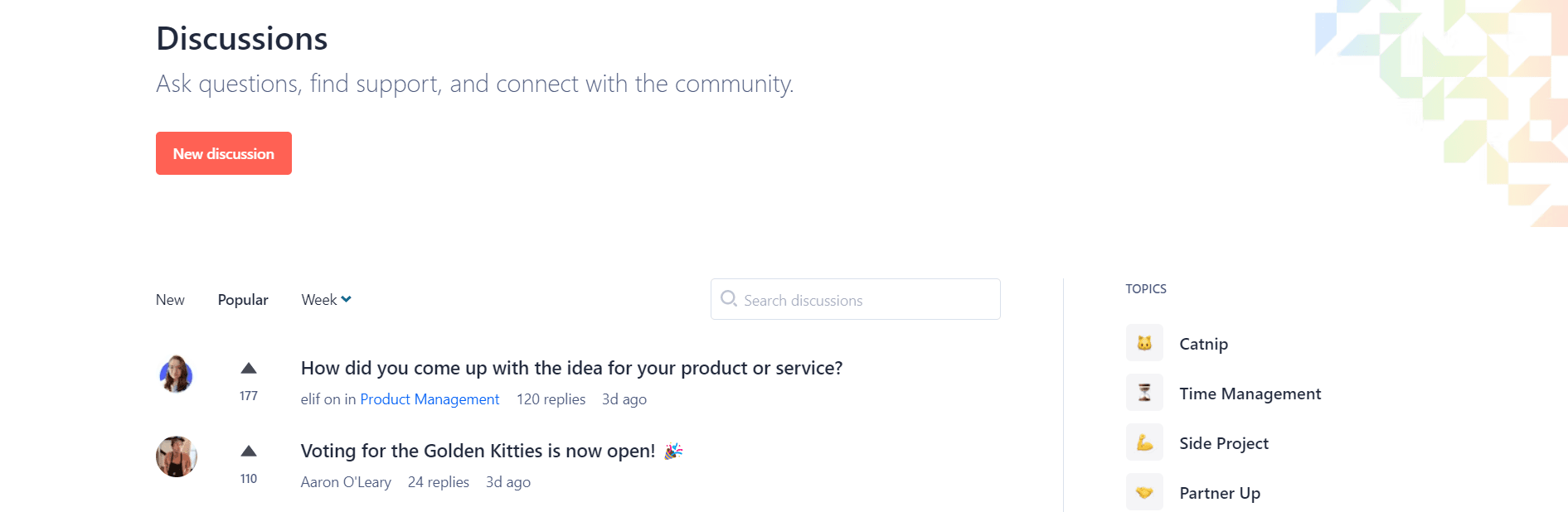 community page on product hunt website