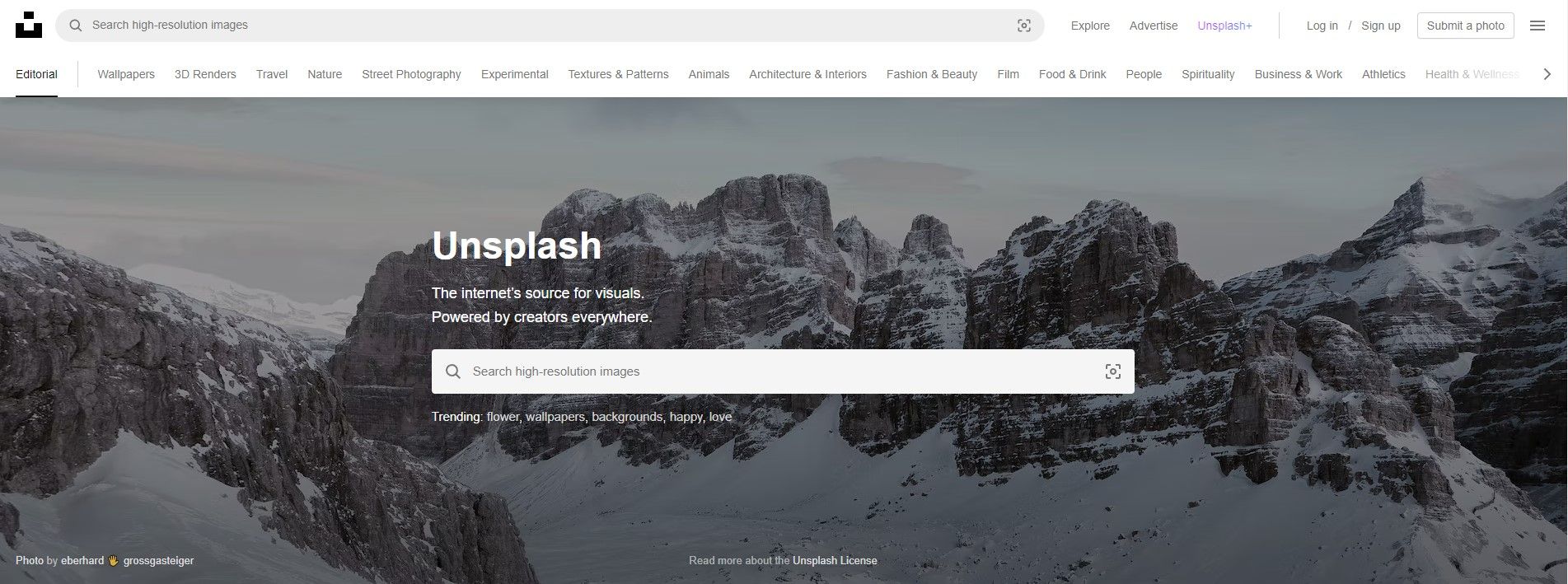 Unsplash website homepage screenshot
